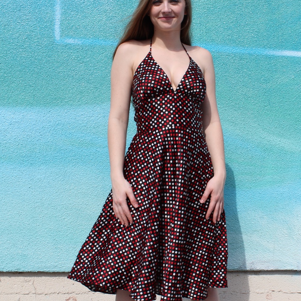 Satin Monroe Polka Dot Spaghetti Halter Dress 👗👙